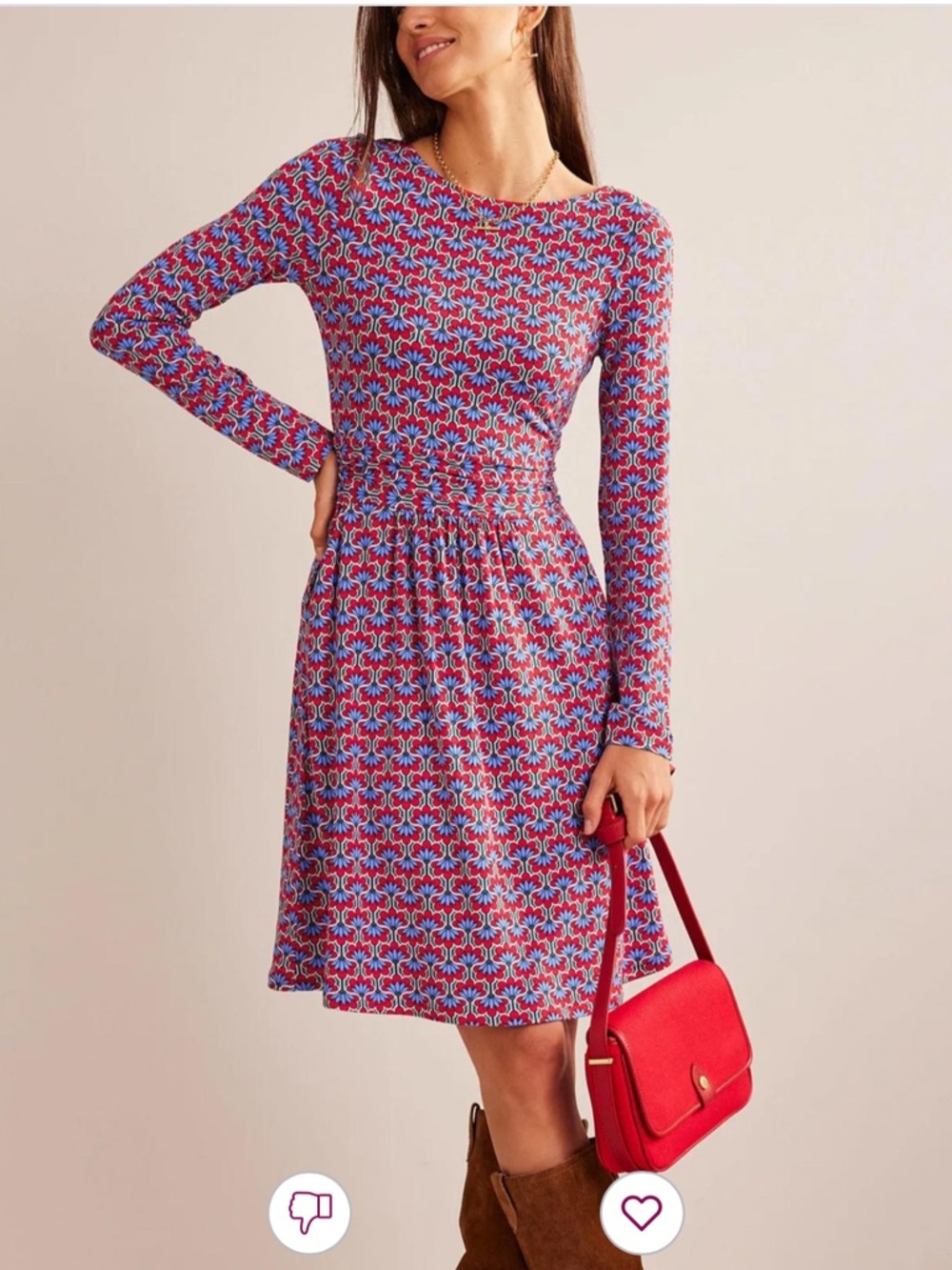 Boden Abigail Long Sleeve Crew Neck Jersey Dress Red and Blue Geometric Print 6